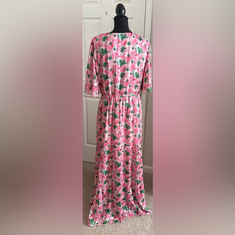 Pink and Green Maxi Dress with Flutter Sleeves and V-Neck - Picture 4 of 5